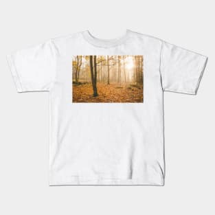 Foggy morning autumn forest Kids T-Shirt